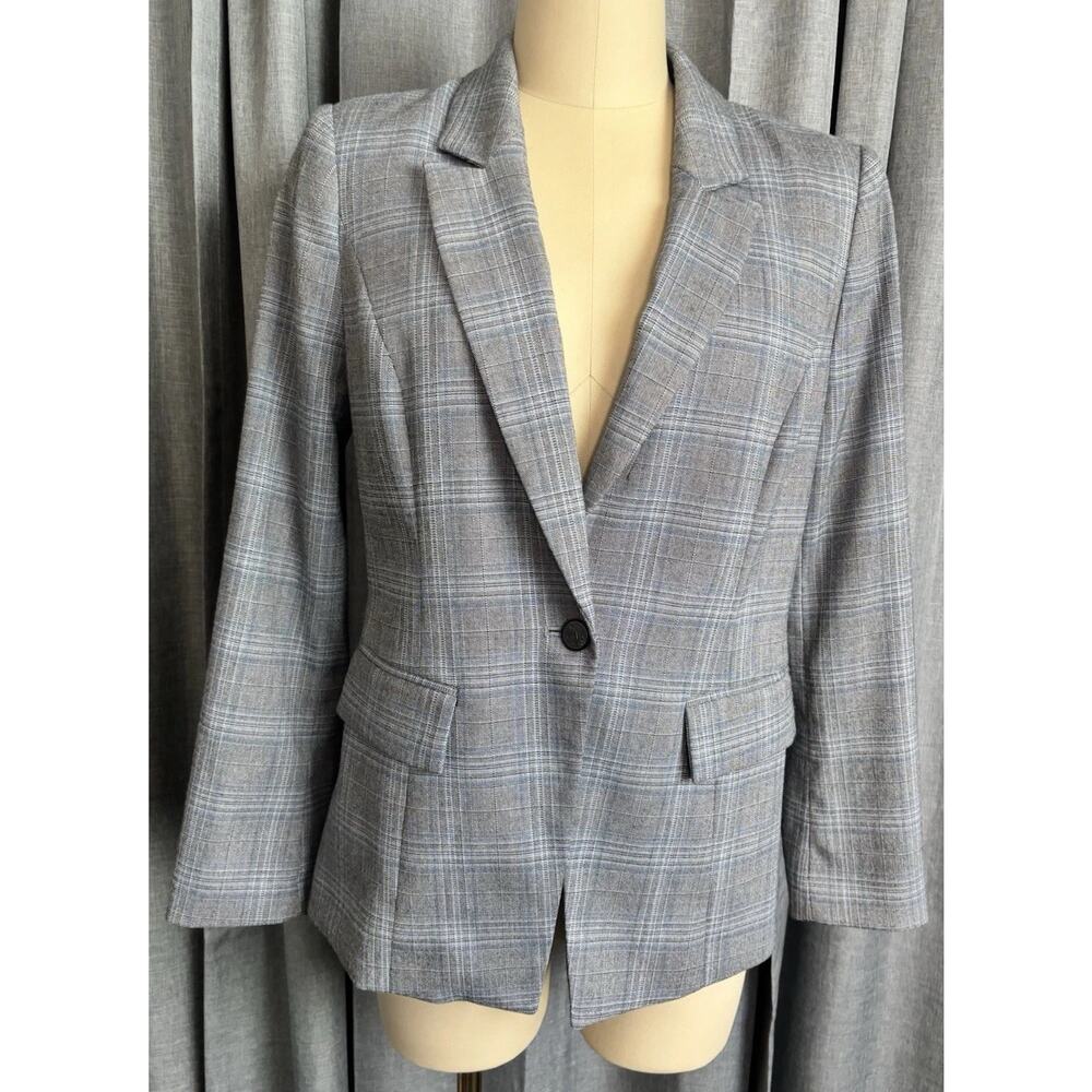 White House Black Market Blue and Gray Plaid Blazer Jacket 4P petite one button